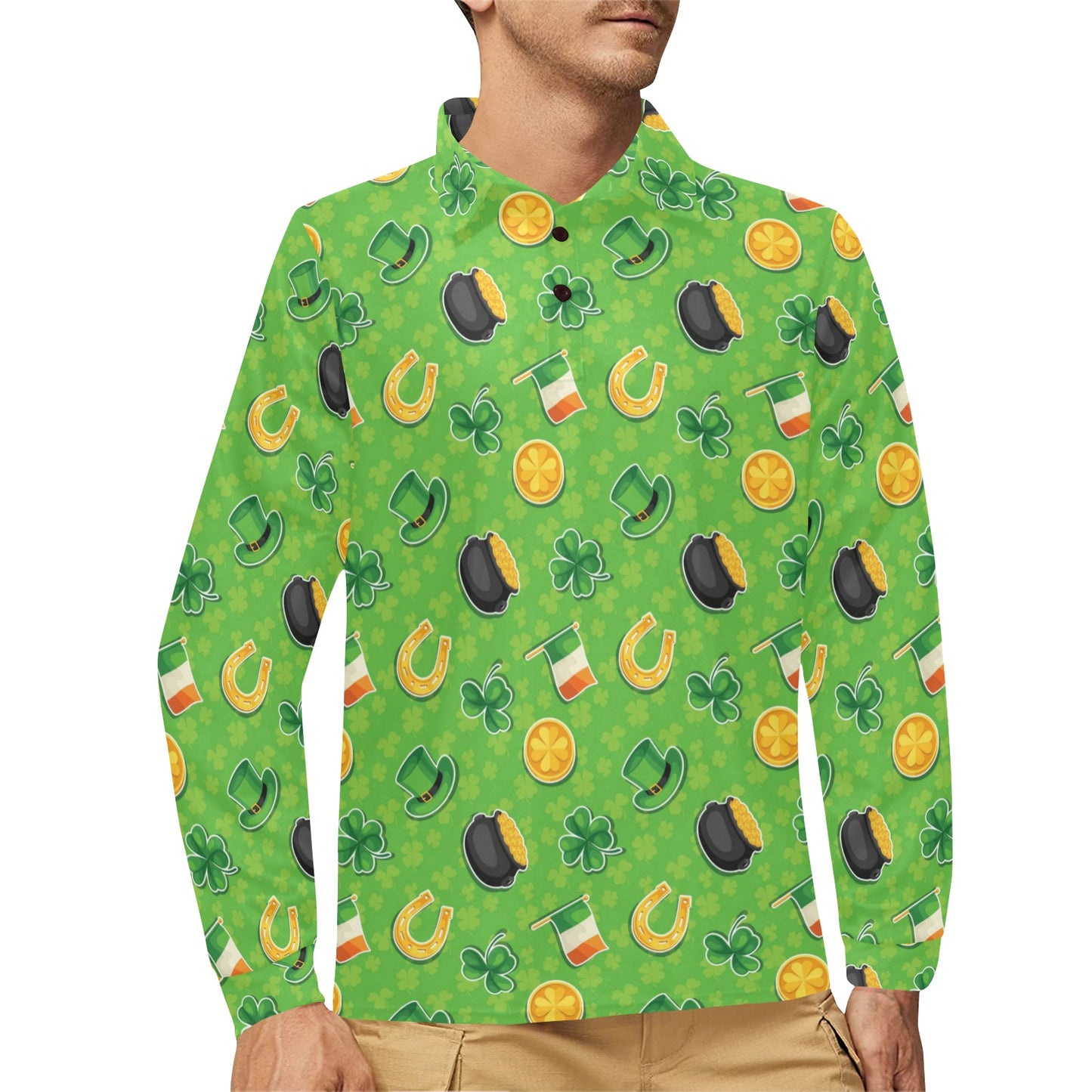 Shamrock Saint Patrick's Day Print Design LKS302 Long Sleeve Polo Shirt For Men's