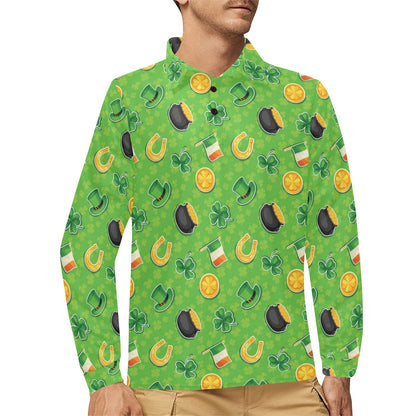 Shamrock Saint Patrick's Day Print Design LKS302 Long Sleeve Polo Shirt For Men's