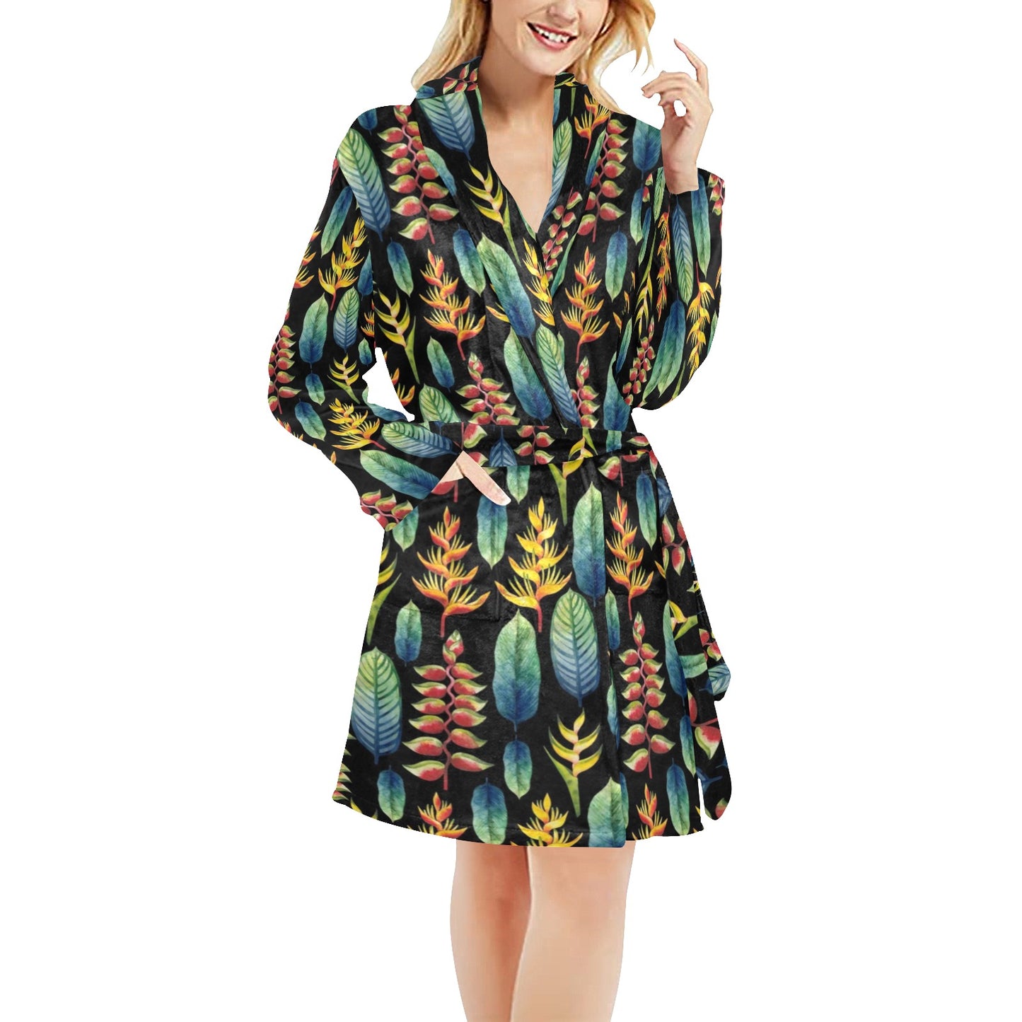 Heliconia Pattern Print Design HL03 Women's Fleece Robe