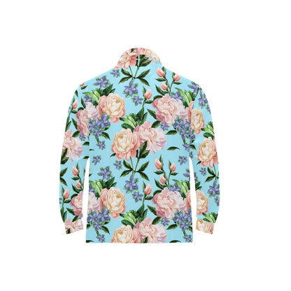 Peony Pattern Print Design PE02 Long Sleeve Polo Shirt For Men's