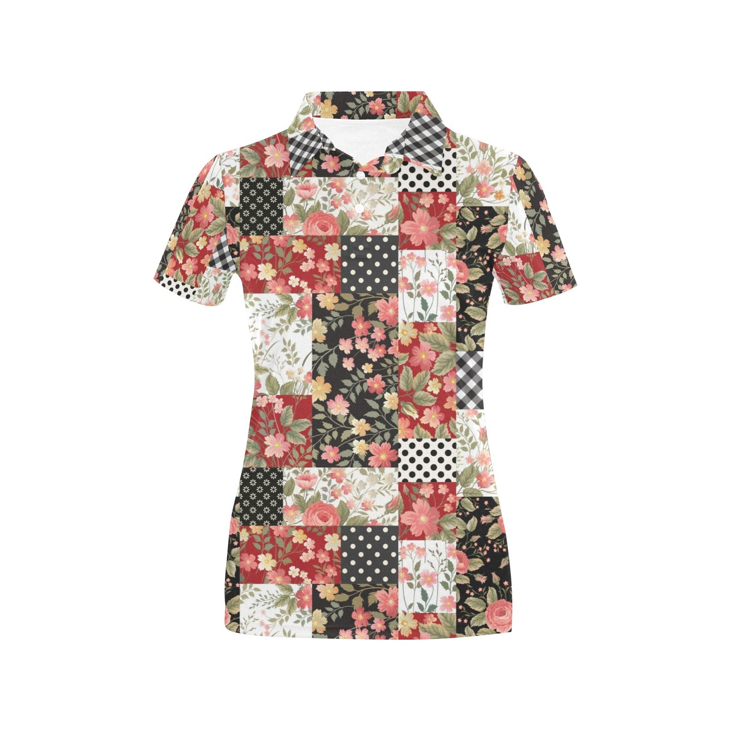 Patchwork Flower Pattern Print Design 03 Women's Polo Shirt