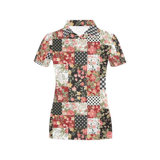Patchwork Flower Pattern Print Design 03 Women's Polo Shirt