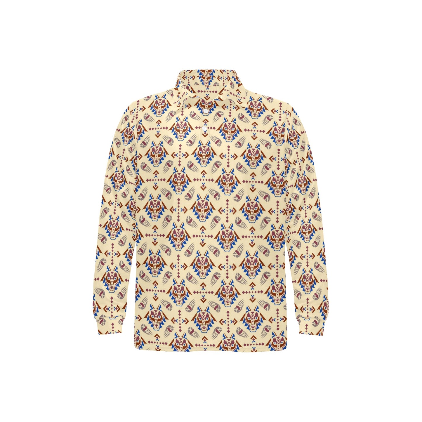 Aztec Wolf Pattern Print Design 03 Long Sleeve Polo Shirt For Men's