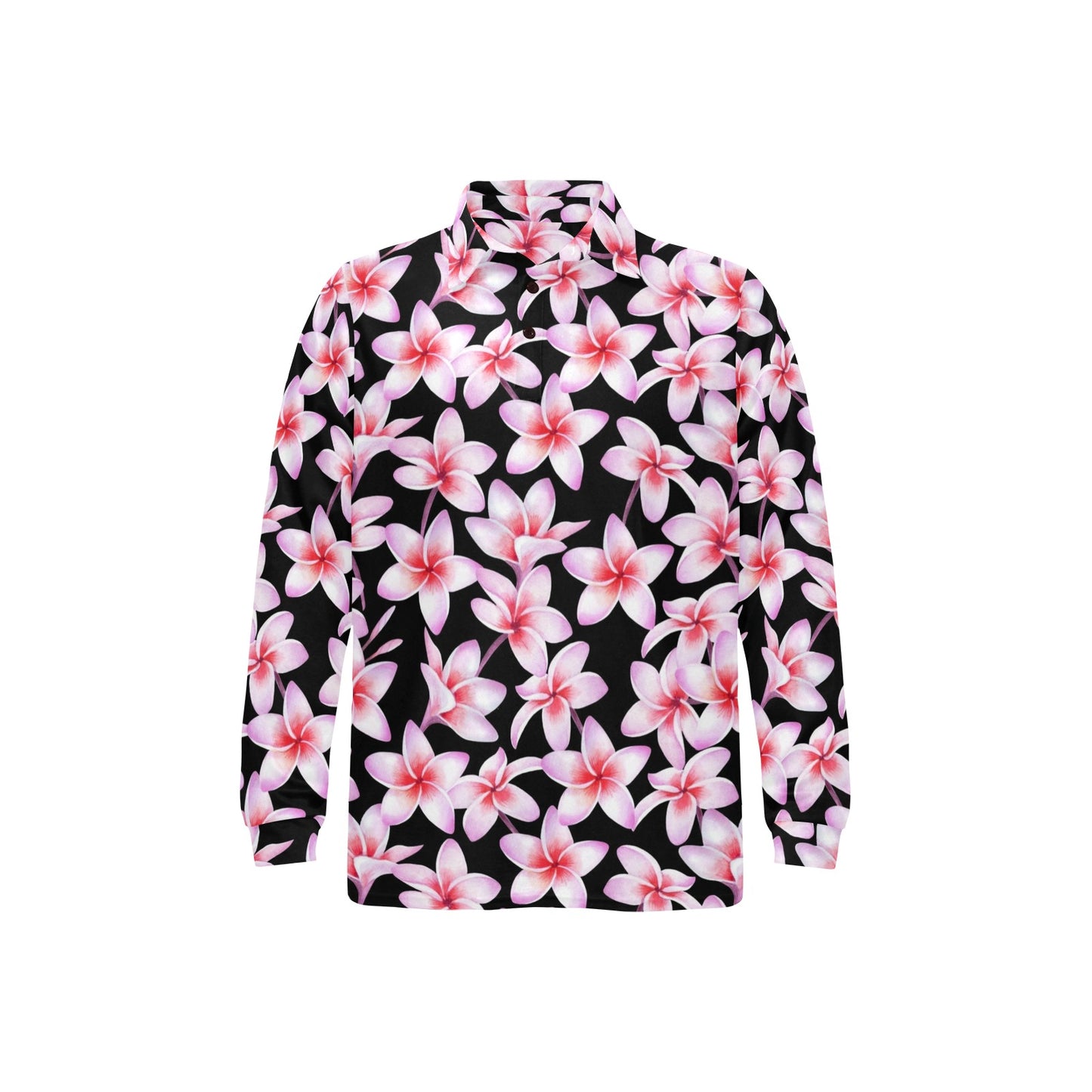 Pink Plumeria Pattern Print Design PM09 Long Sleeve Polo Shirt For Men's