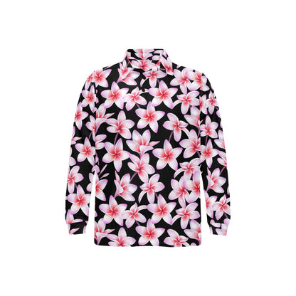 Pink Plumeria Pattern Print Design PM09 Long Sleeve Polo Shirt For Men's