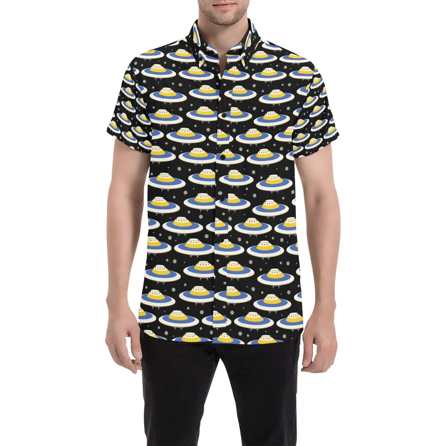 UFO Print Design LKS303 Men Short Sleeve Button Up Shirt