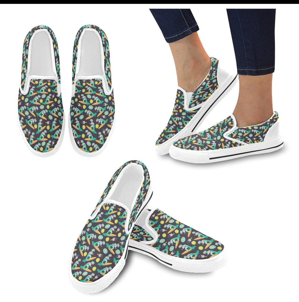 Surfboard T Rex Print Design LKS301 White Slip Ons Canvas Women's Shoes