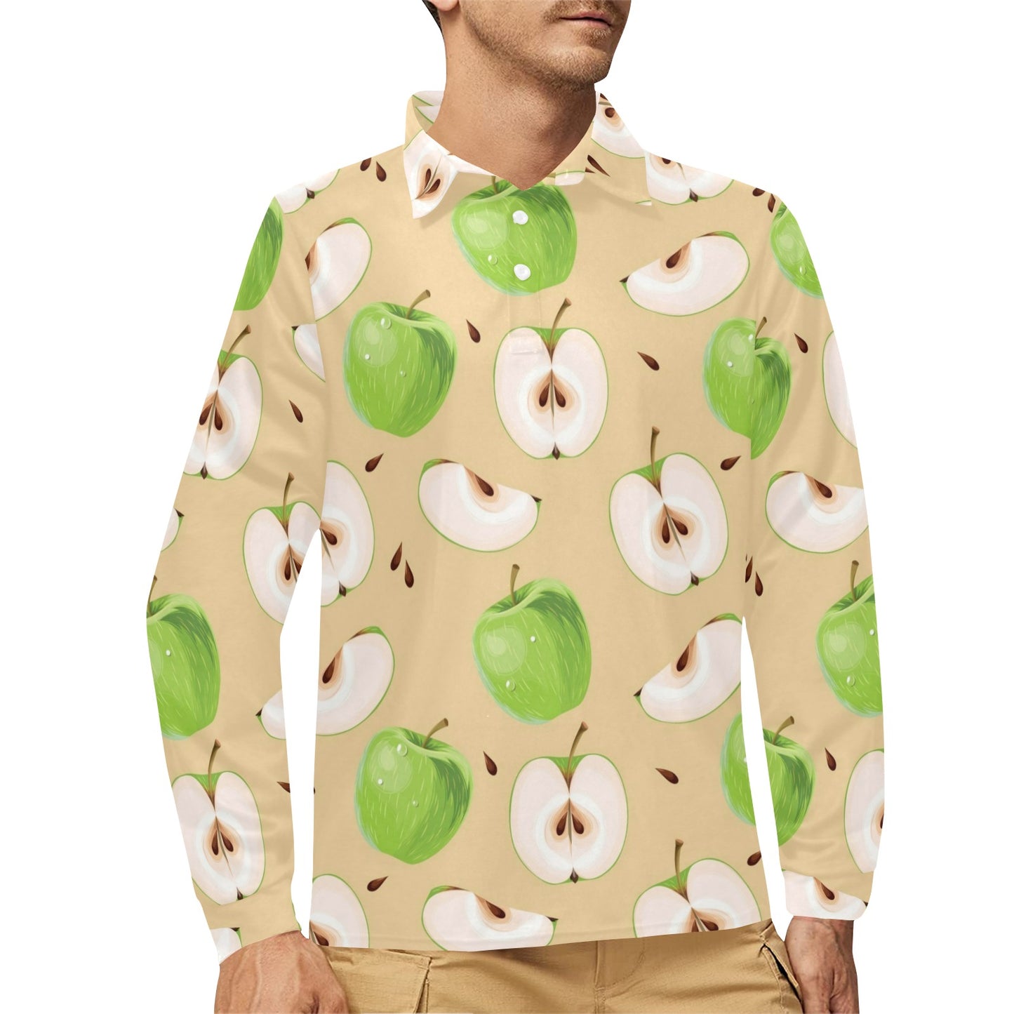 Apple Pattern Print Design AP07 Long Sleeve Polo Shirt For Men's