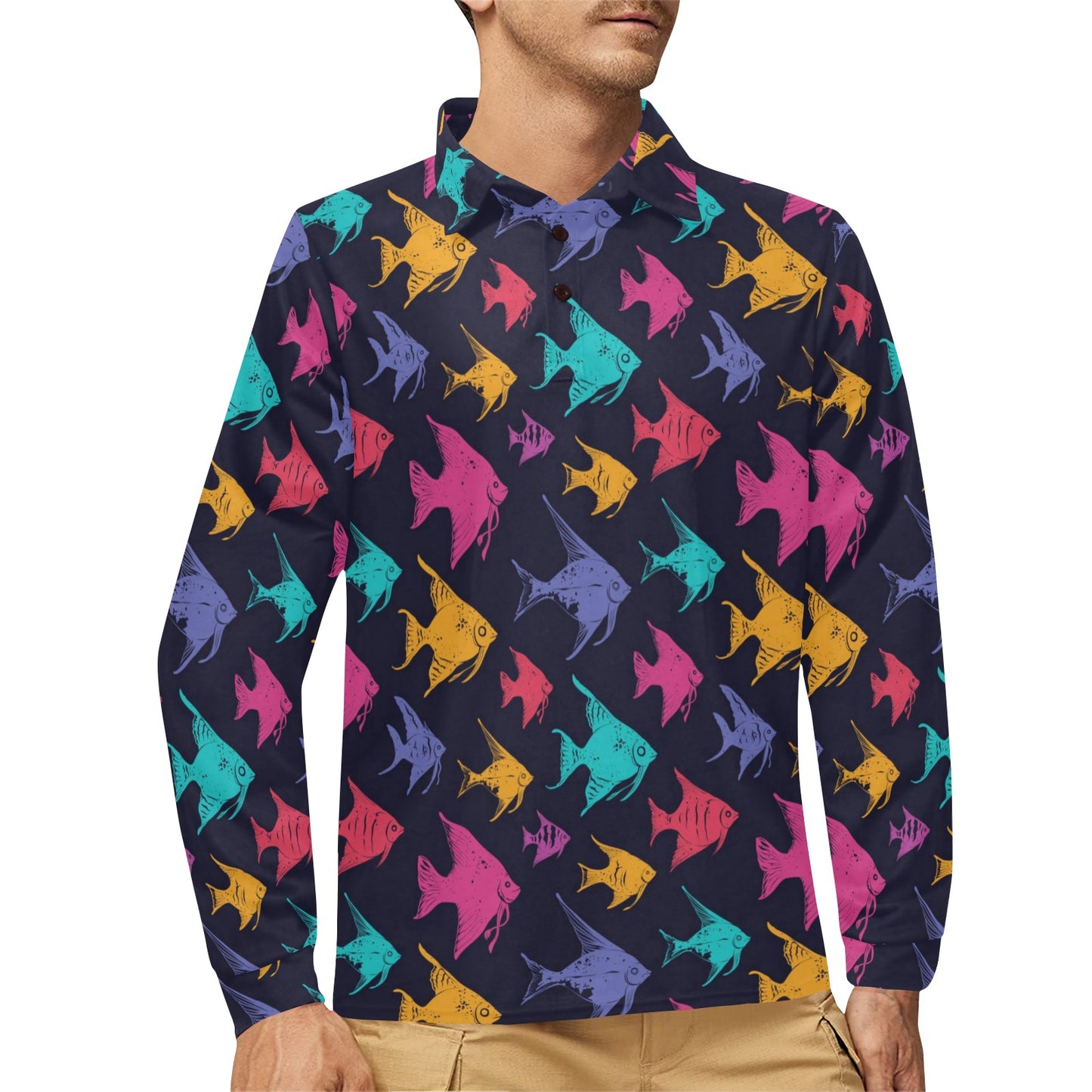Angelfish Colorful Pattern Print Design 03 Long Sleeve Polo Shirt For Men's