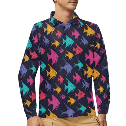 Angelfish Colorful Pattern Print Design 03 Long Sleeve Polo Shirt For Men's