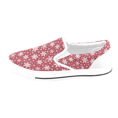Snowflake Red Print Design LKS302 White Slip Ons Canvas Women's Shoes