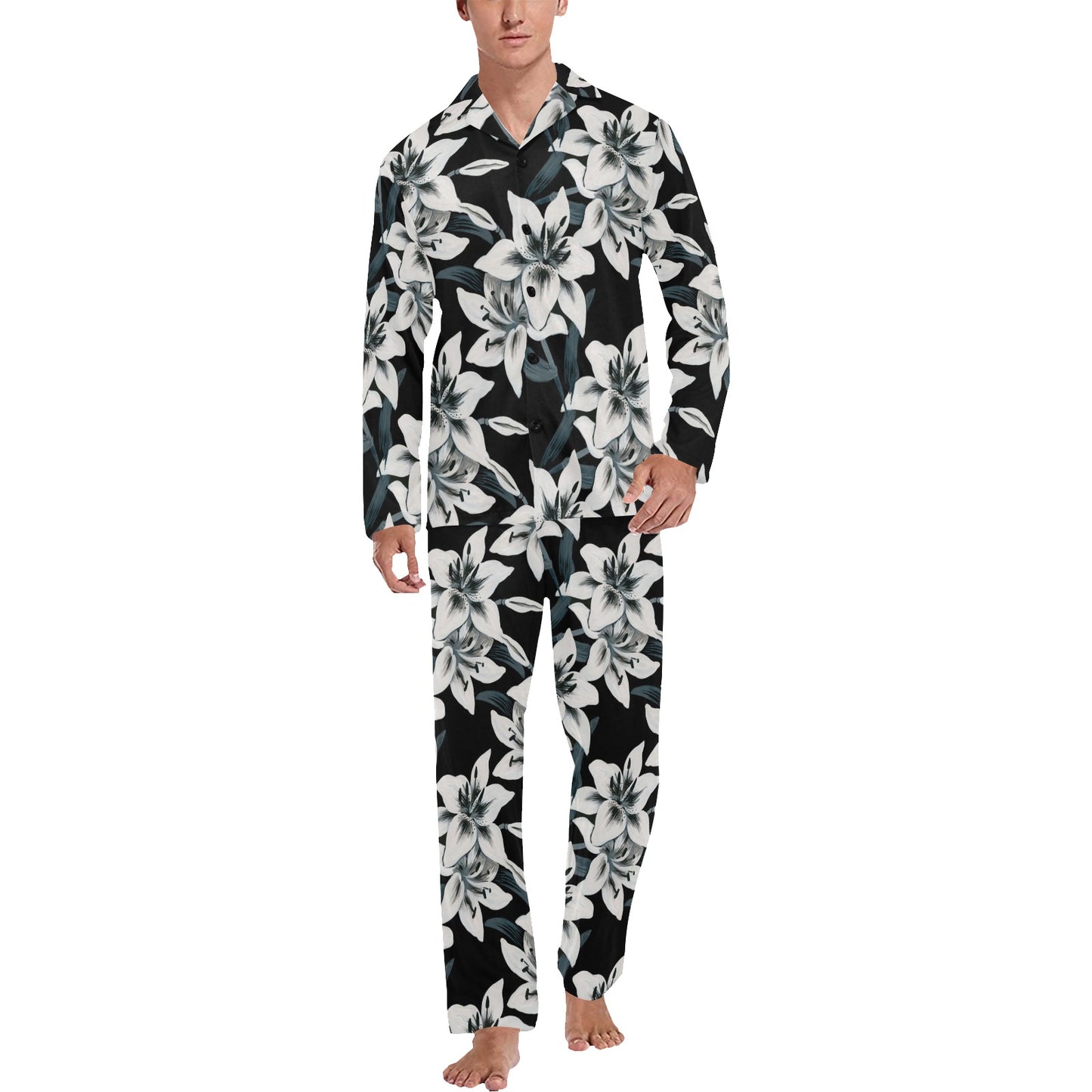 Lily Pattern Print Design 03 Men's Long Pajama Set