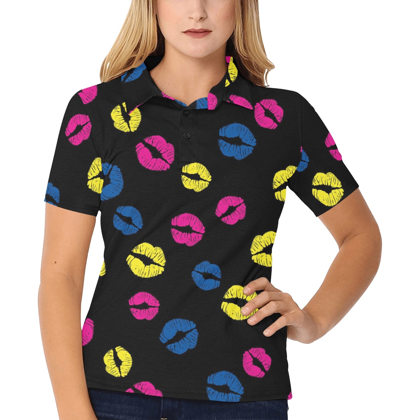 Lip Neon Color Pattern Print Design 01 Women's Polo Shirt