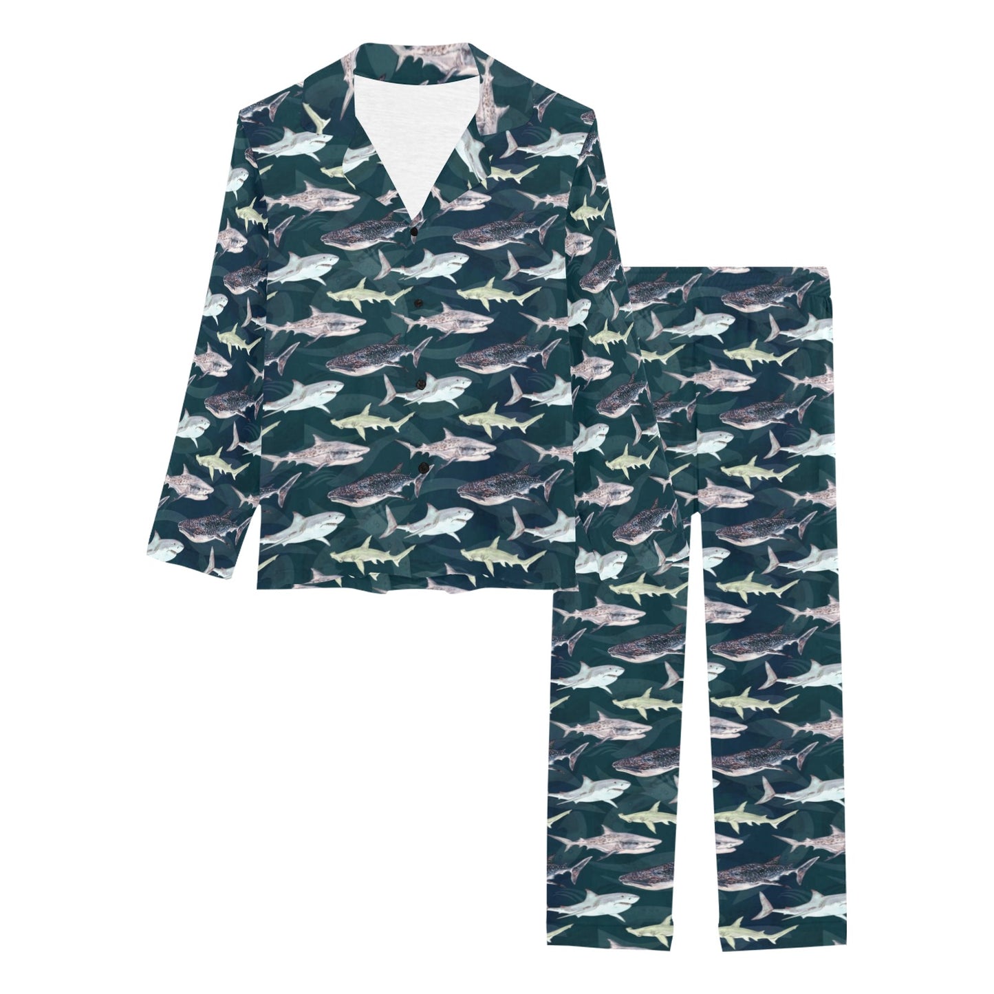Shark Pattern Print Women's Long Pajama Set
