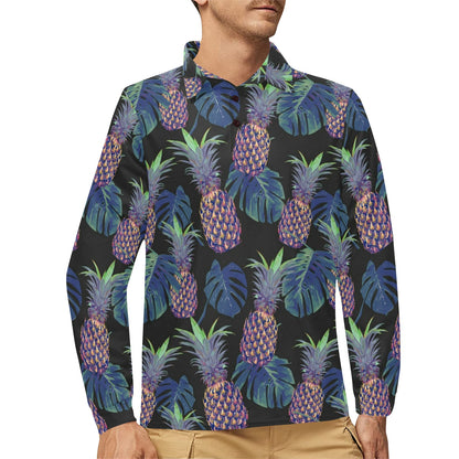 Pineapple Pattern Print Design PP04 Long Sleeve Polo Shirt For Men's