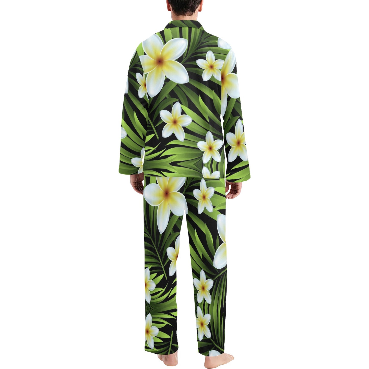 White Plumeria Pattern Print Design PM06 Men's Long Pajama Set