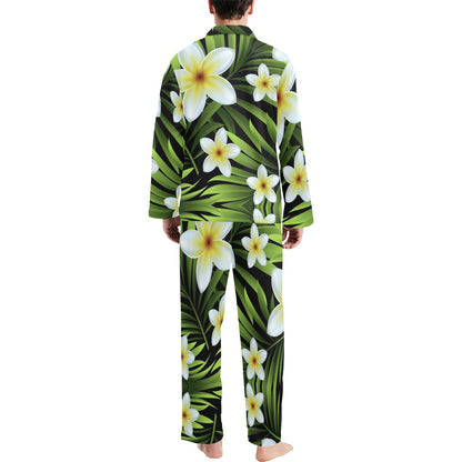 White Plumeria Pattern Print Design PM06 Men's Long Pajama Set