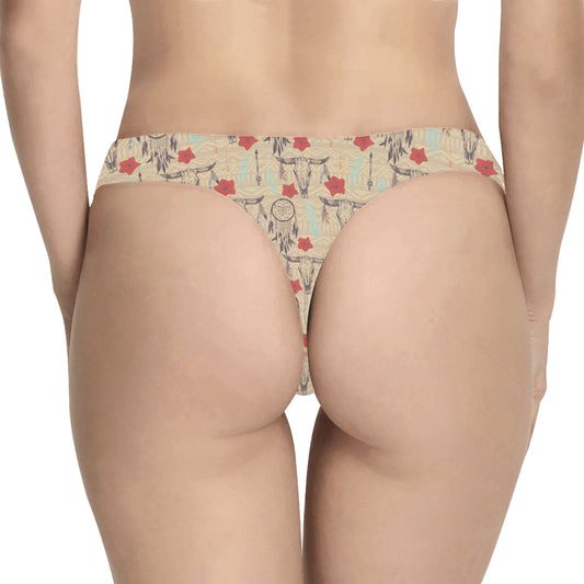 Native Buffalo Head Themed Design Print Women's Thongs