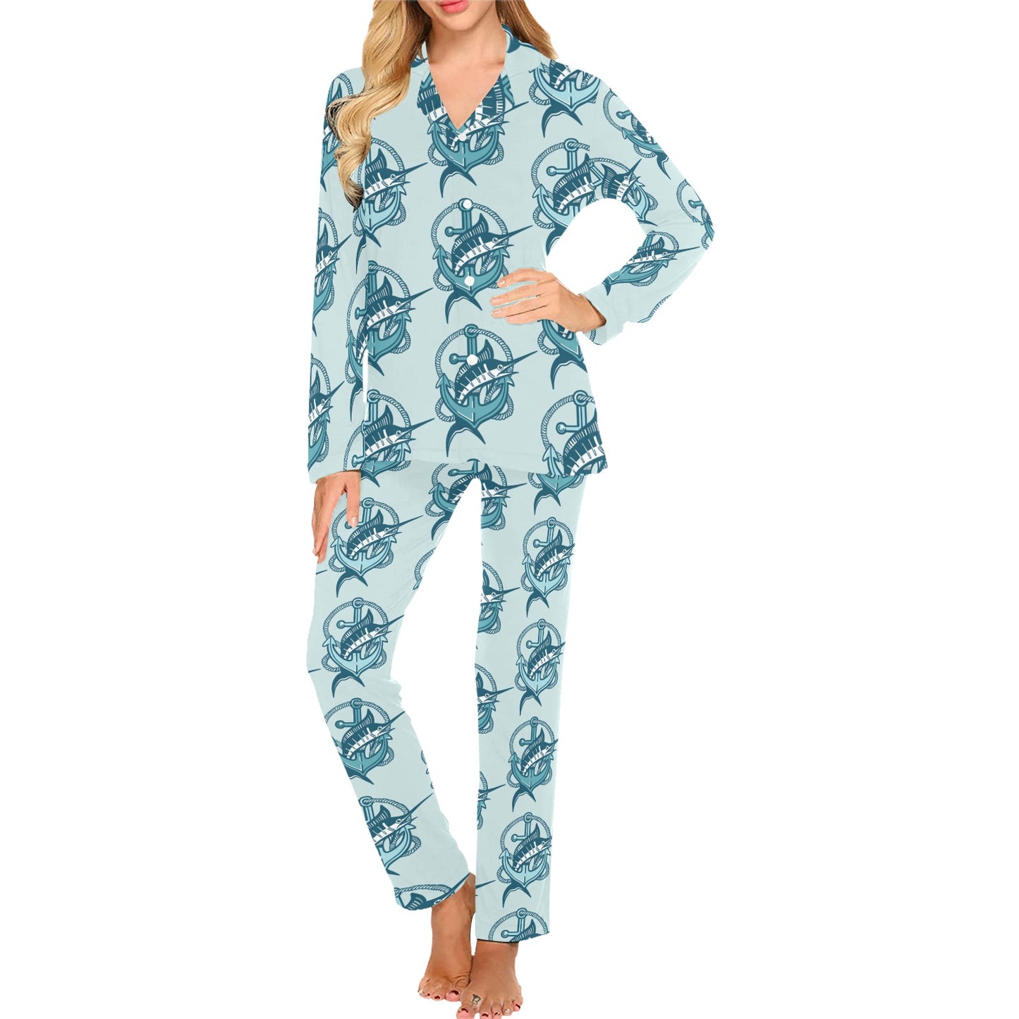 Swordfish Pattern Print Design 03 Women's Long Pajama Set