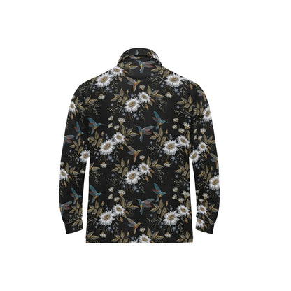 Hummingbird with Embroidery Themed Print Long Sleeve Polo Shirt For Men's