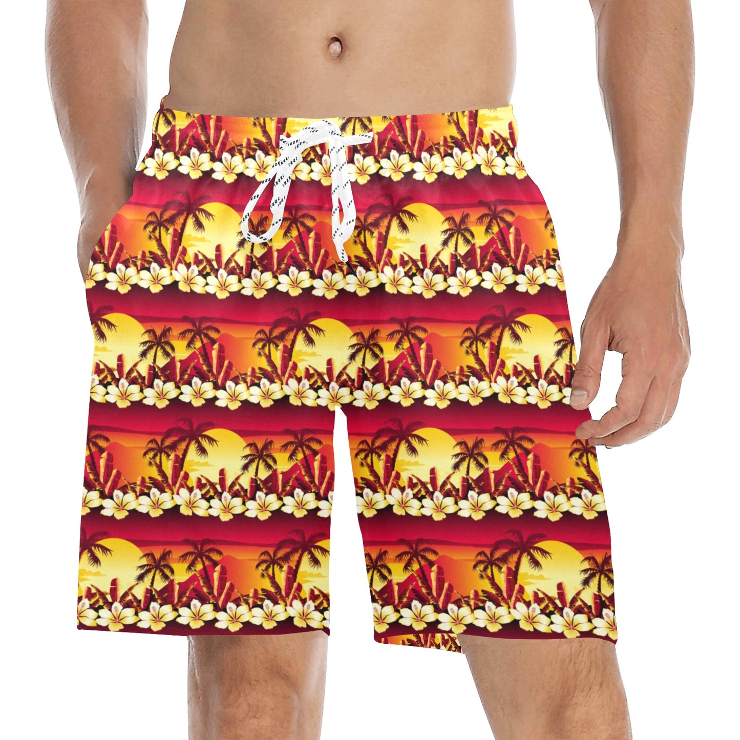Hawaiian Tropical Sunset Hibiscus Print Men's Swim Trunks Beach Shorts