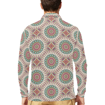 Bohemian Round Style Print Long Sleeve Polo Shirt For Men's