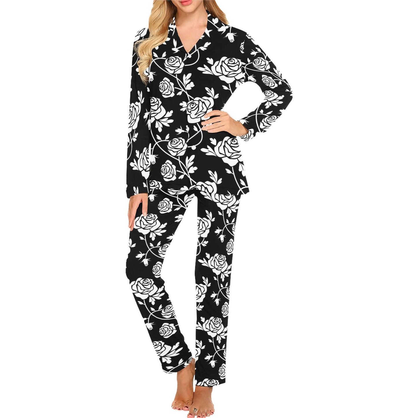 Rose Pattern Print Design RO013 Women's Long Pajama Set