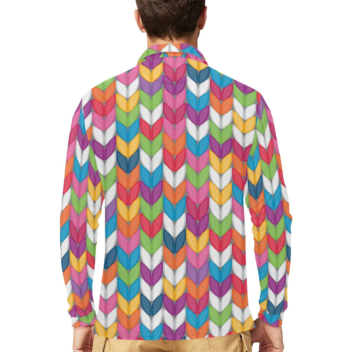 Knit Pattern Print Design 01 Long Sleeve Polo Shirt For Men's
