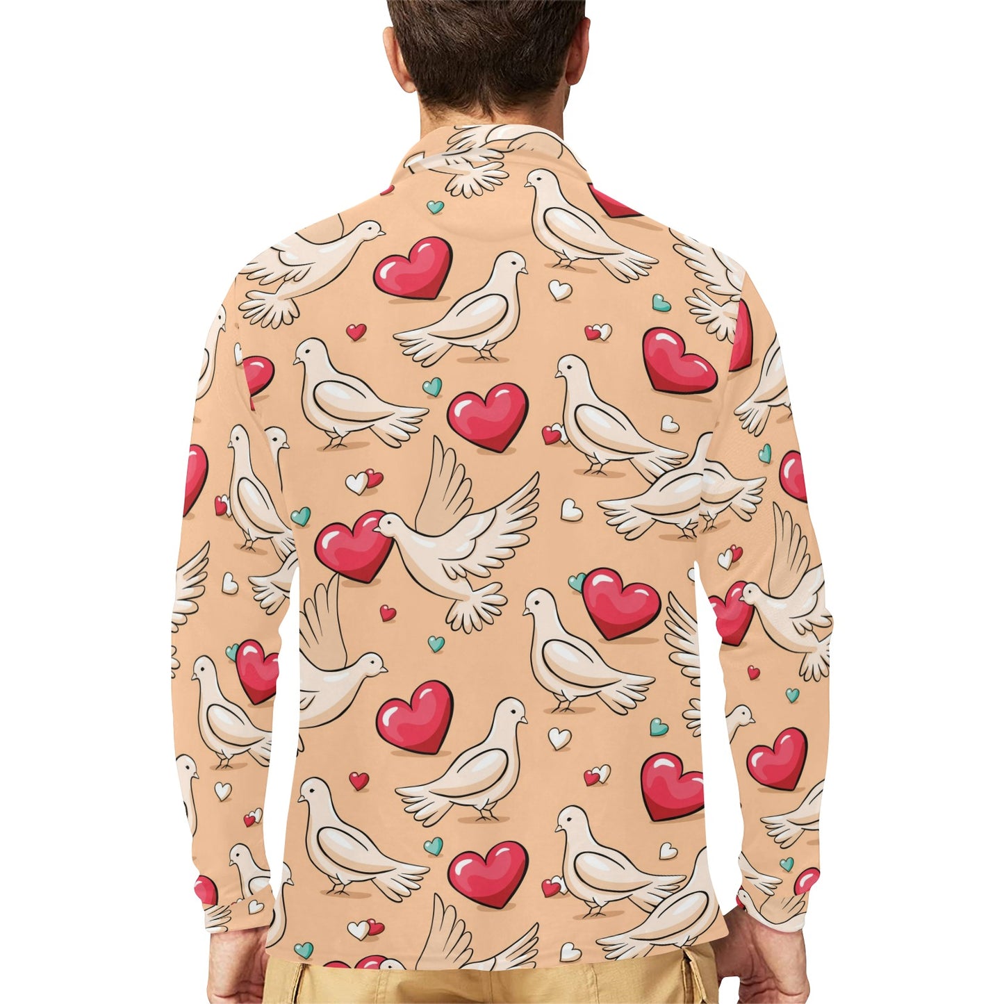 Pigeon Heart Pattern Print Design 04 Long Sleeve Polo Shirt For Men's