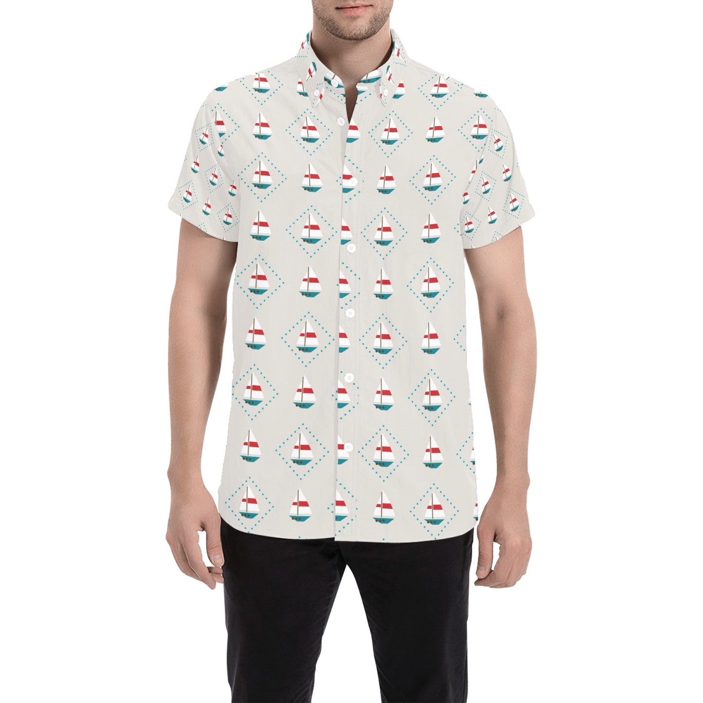 Sailboat Print Design LKS301 Men Short Sleeve Button Up Shirt