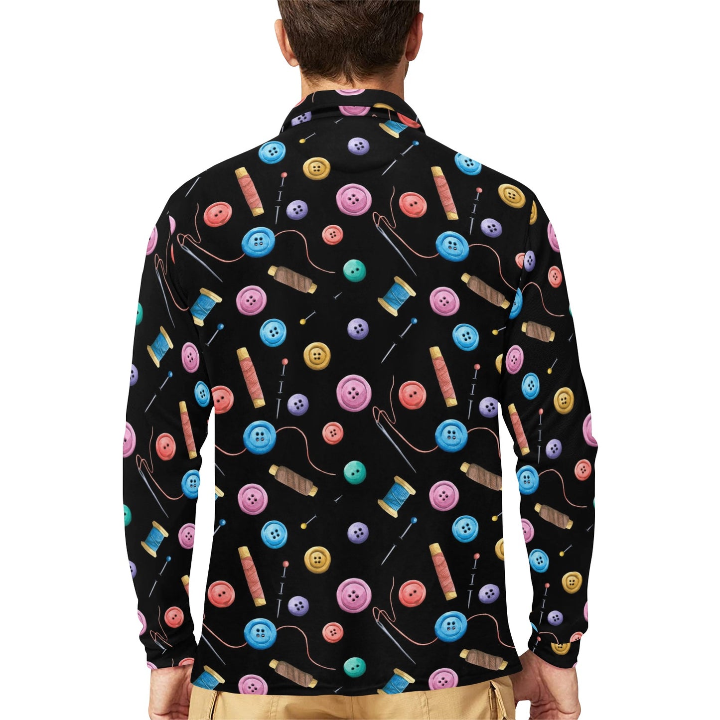 Sewing Print Design LKS309 Long Sleeve Polo Shirt For Men's