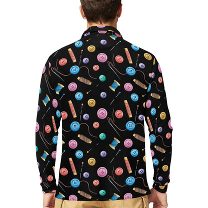Sewing Print Design LKS309 Long Sleeve Polo Shirt For Men's