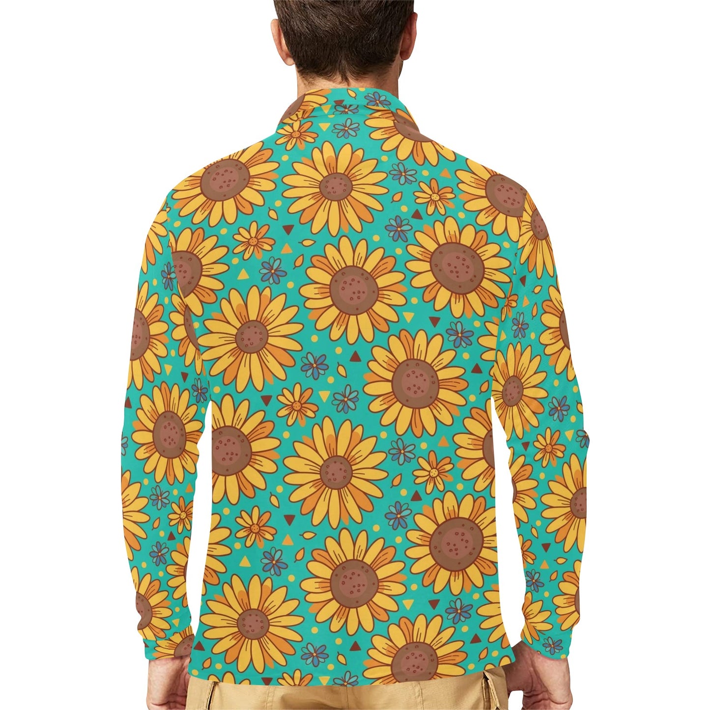 Sunflower Pattern Print Design SF013 Long Sleeve Polo Shirt For Men's