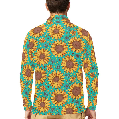 Sunflower Pattern Print Design SF013 Long Sleeve Polo Shirt For Men's