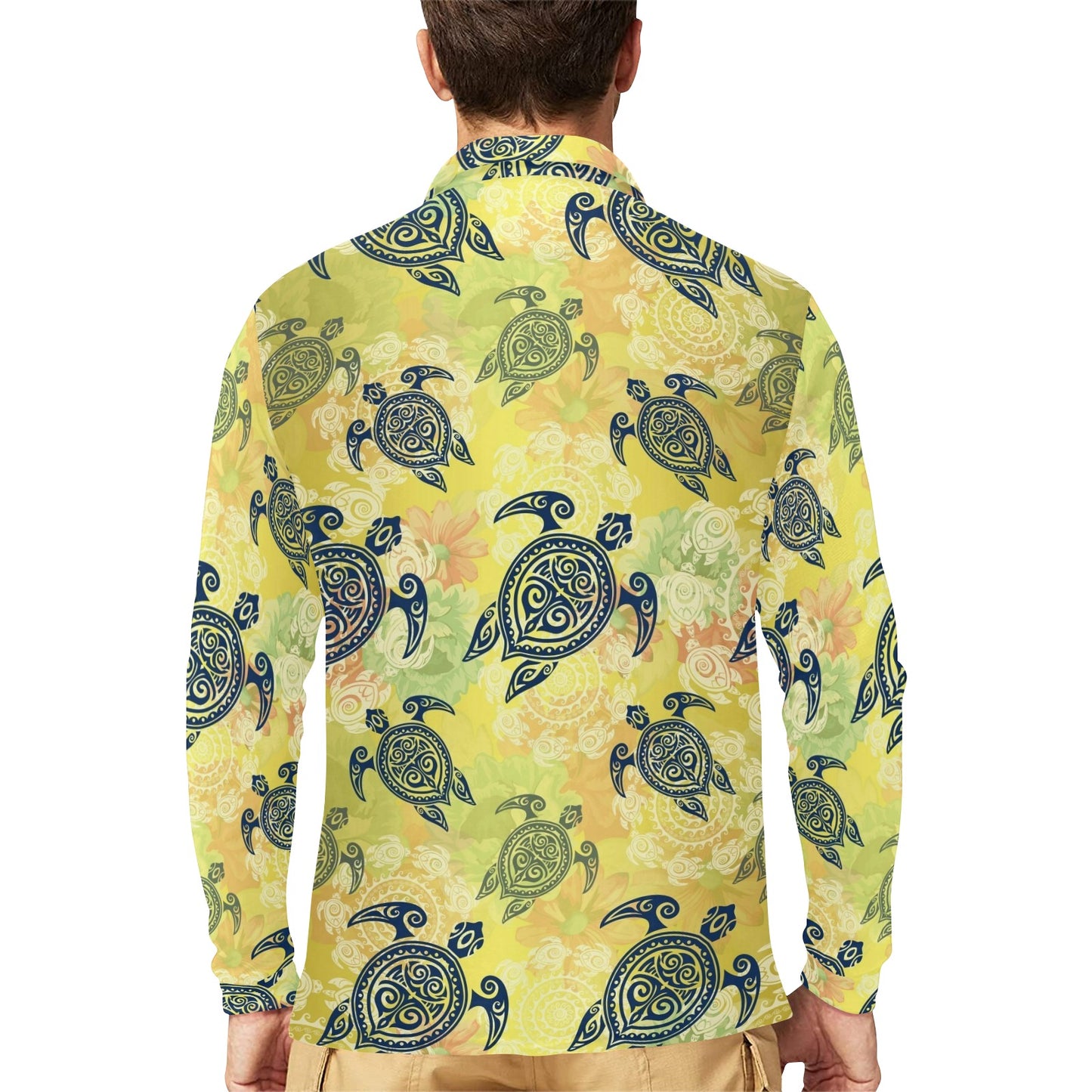 Hawaiian Turtle Tribal Design Print Long Sleeve Polo Shirt For Men's