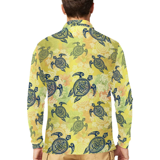 Hawaiian Turtle Tribal Design Print Long Sleeve Polo Shirt For Men's
