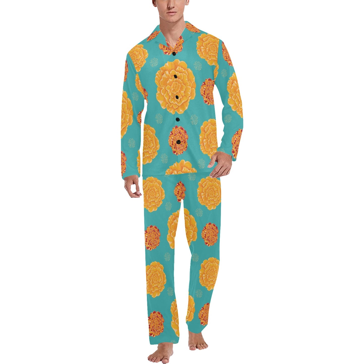 Marigold Pattern Print Design 02 Men's Long Pajama Set