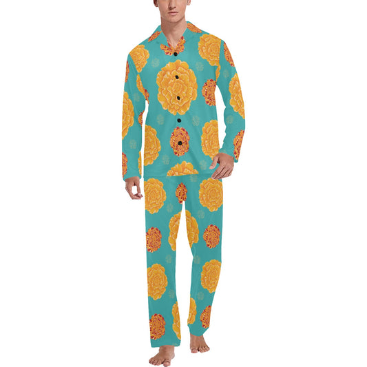 Marigold Pattern Print Design 02 Men's Long Pajama Set