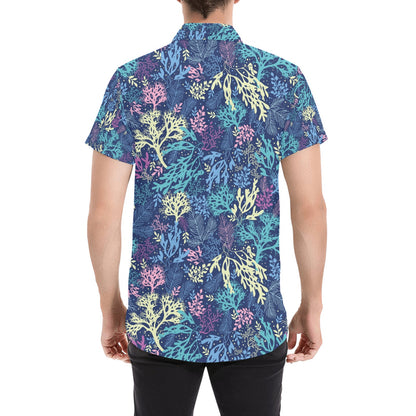 Seaweed Print Design LKS301 Men Short Sleeve Button Up Shirt