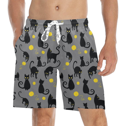 Black Cat Yellow Yarn Print Pattern Men's Swim Trunks Beach Shorts