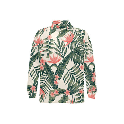 Tropical Flower Palm Leaves Long Sleeve Polo Shirt For Men's
