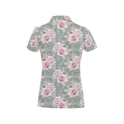 Rose White Pattern Print Design RO012 Women's Polo Shirt