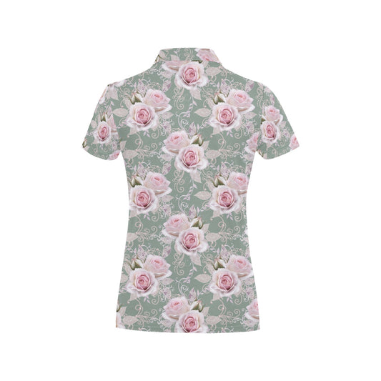 Rose White Pattern Print Design RO012 Women's Polo Shirt