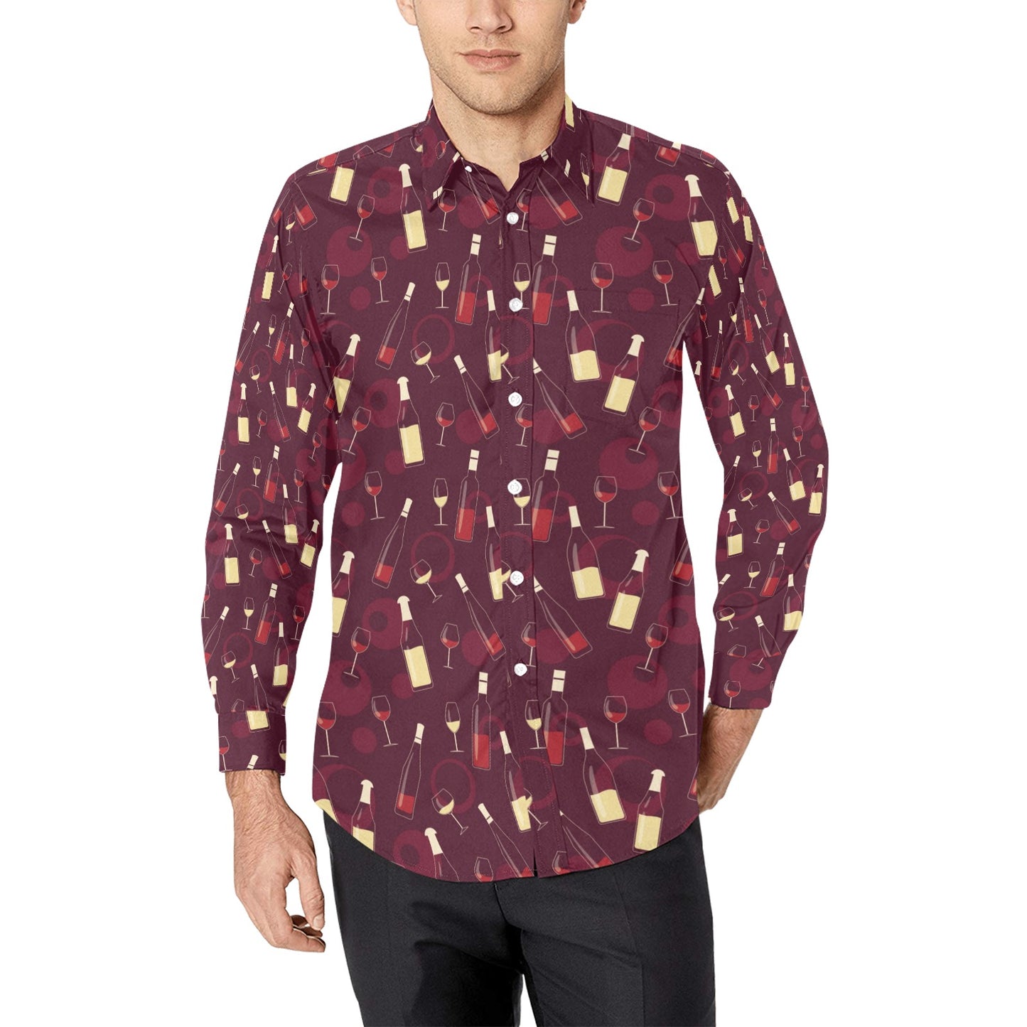 Wine Themed Print Design LKS302 Men's Long Sleeve Dress Shirt