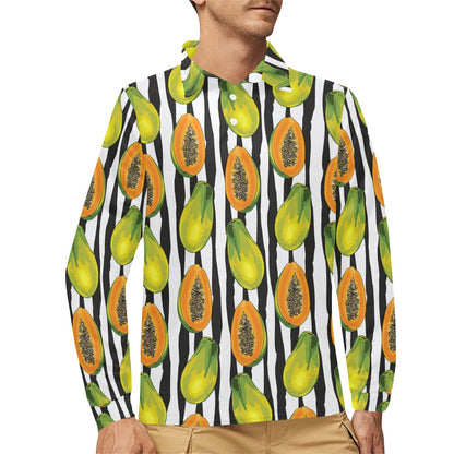 Papaya Pattern Print Design PP01 Long Sleeve Polo Shirt For Men's