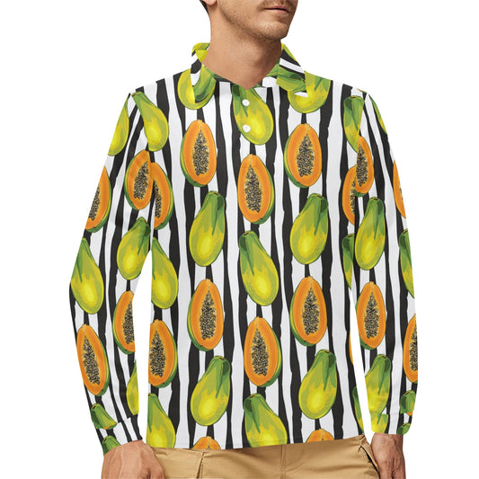 Papaya Pattern Print Design PP01 Long Sleeve Polo Shirt For Men's