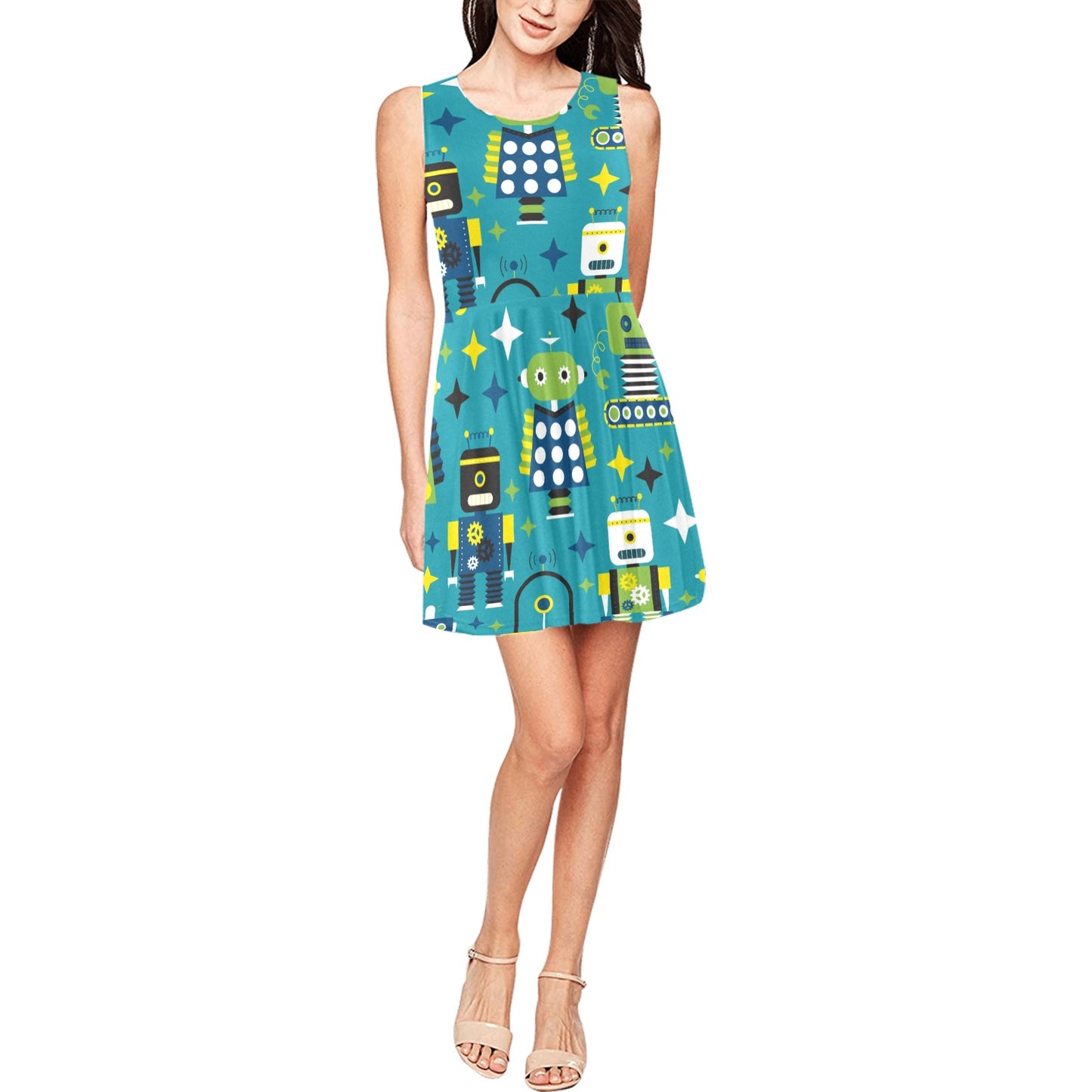 Robot Pattern Print Design A02 Sleeveless Dress