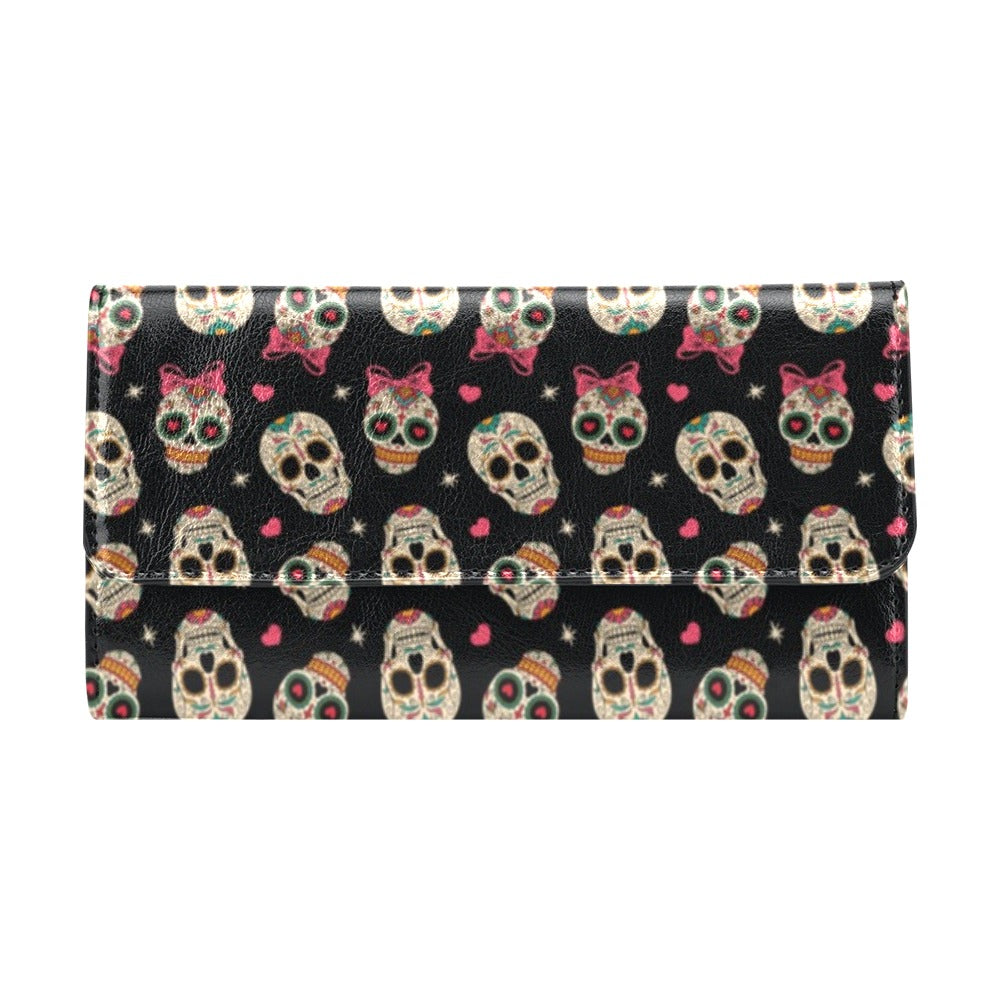Sugar Skull Pink Bow Themed Print Women's Trifold Wallet