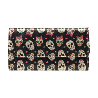 Sugar Skull Pink Bow Themed Print Women's Trifold Wallet