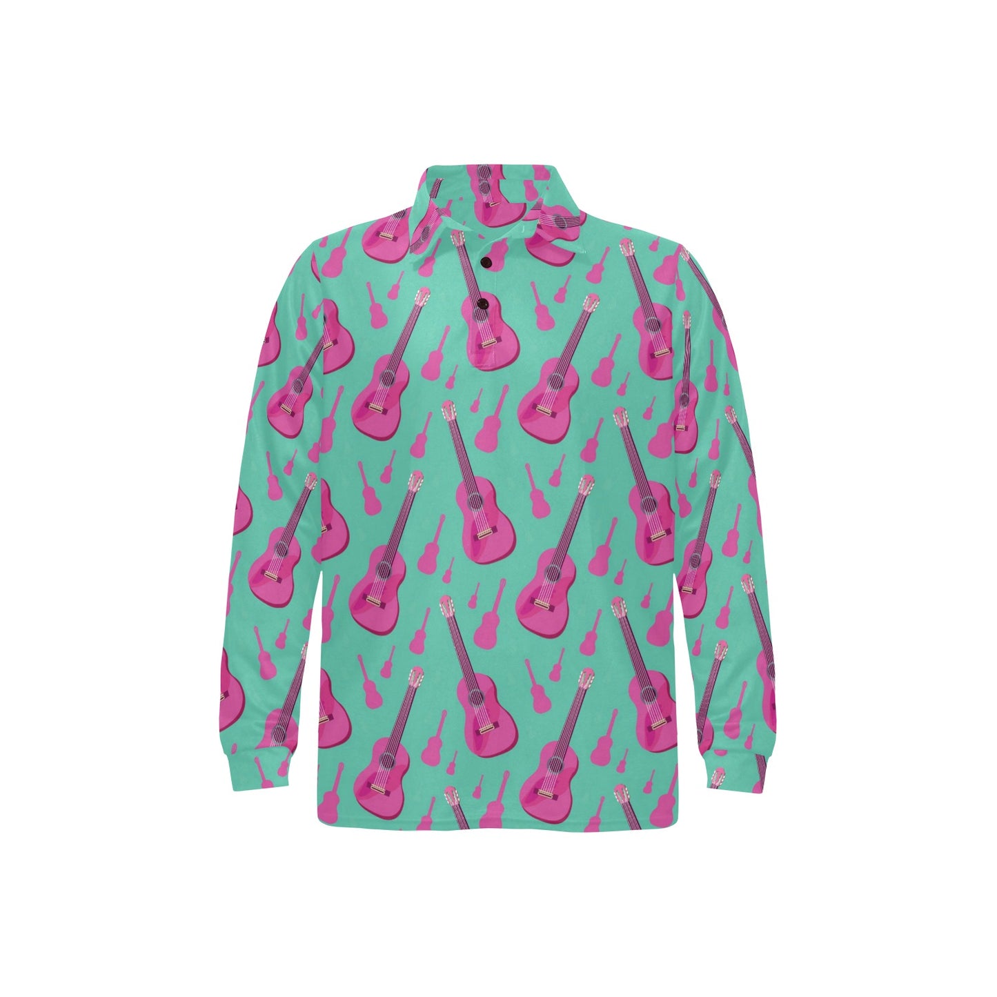 Acoustic Guitar Print Design LKS405 Long Sleeve Polo Shirt For Men's